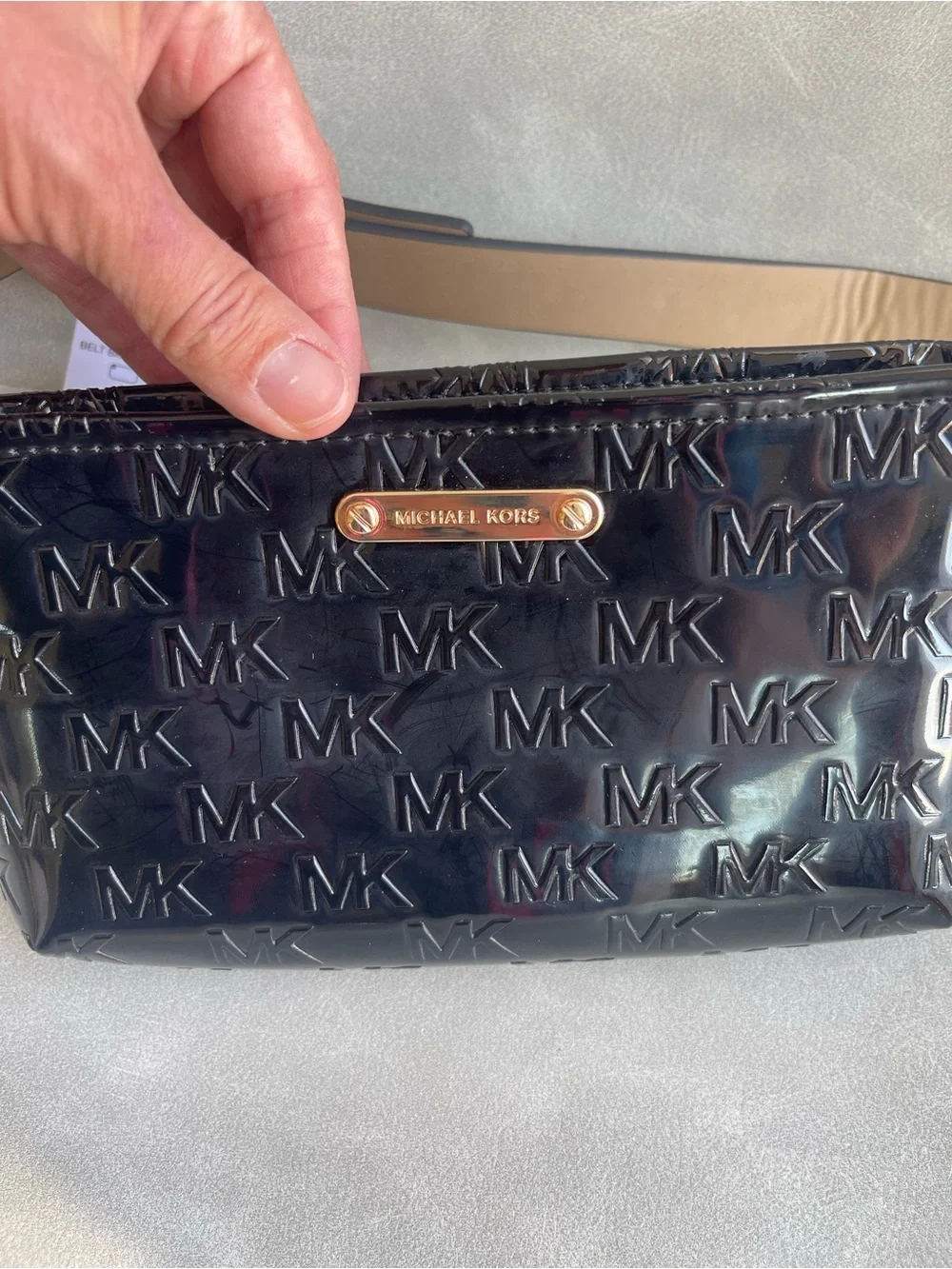Michael Kors Black Patent MK Logo Belt Bag with Gold Plaque